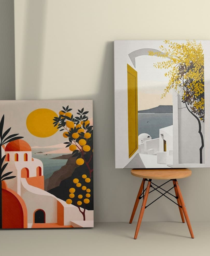 Two canvases showing green buildings and nature